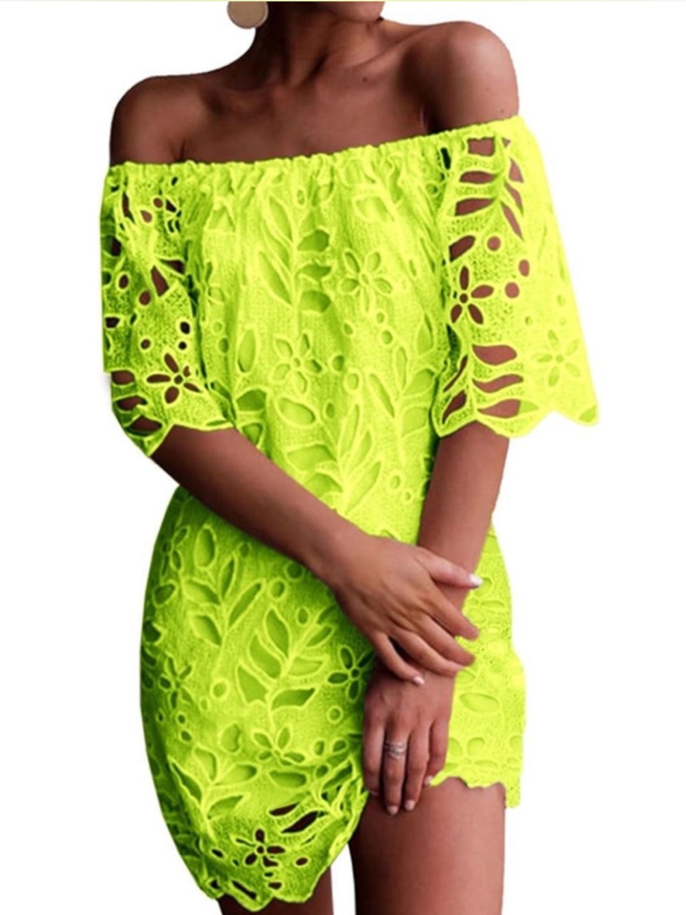 PRETTYGARDEN Neon Lime Off-Shoulder Floral Lace Dress NWOT